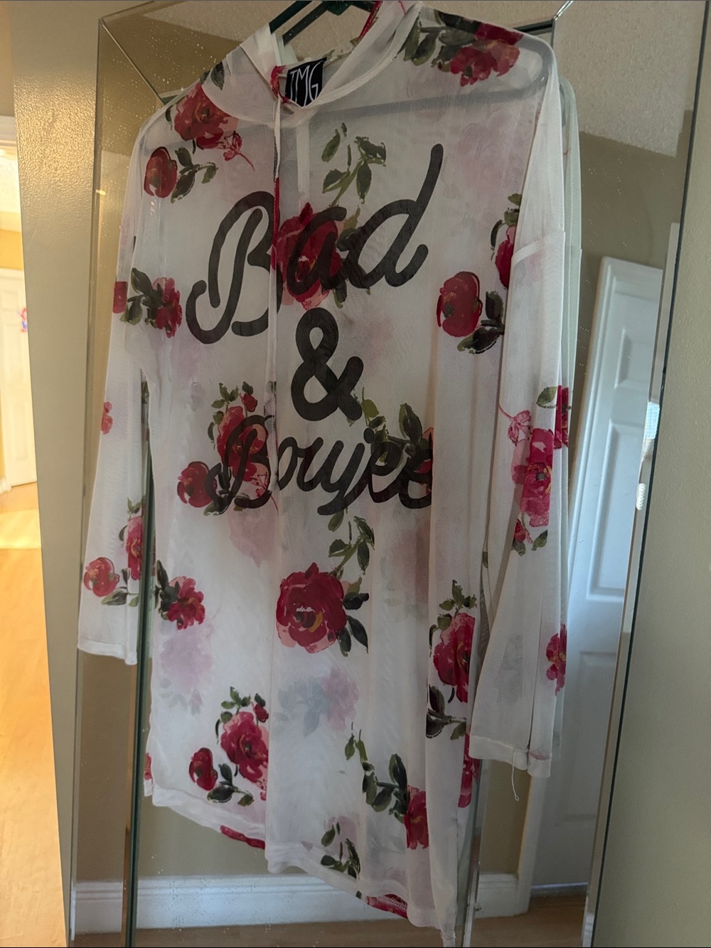 TMG White Floral Sheer Hoodie - "Bad & Boujee" Graphic